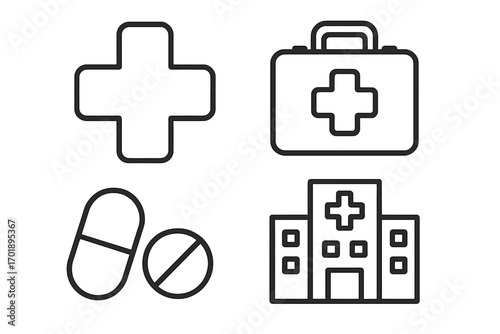 Medical and healthcare line icon set. Simple outline vector symbols of hospital, first aid kit, pharmacy pills, and emergency cross sign. Editable stroke for web and print.