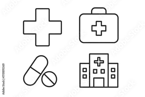 Medical and healthcare line icon set. Simple outline vector symbols for medicine. Includes hospital, first aid kit, medical cross, pills, and capsule for treatment.