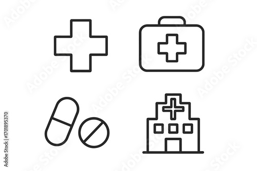 Medical and healthcare thin line icon set. First aid, hospital, pills, medical cross symbols. Simple vector collection for pharmacy, clinic, emergency, and web design.