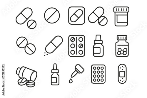 Medicine and pharmacy simple line icon set. Pills, tablets, capsules, bottles, blister packs and first aid symbols. Healthcare and treatment vector icons for web and apps.