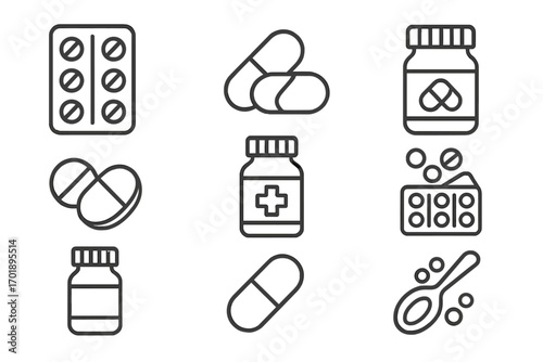 Pills and Medication Icon Set. Pharmacy, Healthcare, Medical concepts. Vector line icons for drug, tablet, capsule, bottle, vitamins. Editable stroke for UI, web, apps.