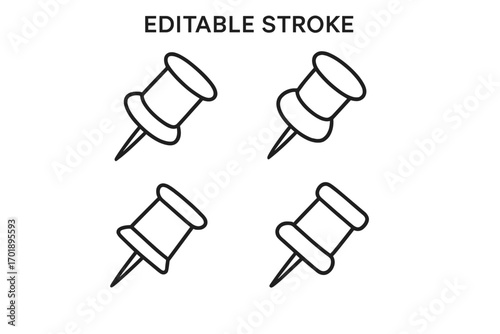 Push pin simple line icon set for school and office. Isolated thumbtack collection with editable stroke. Vector illustration for websites, books, cards, apps. Drawing pin.
