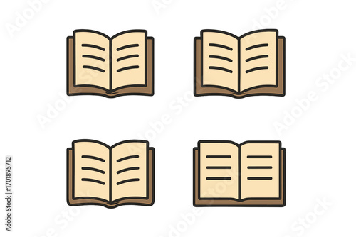Open book filled color outline icon set. Minimalistic linear pictogram collection for web, graphic design. Reading, education, study symbol. Knowledge and learning concept vector.
