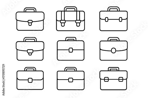 Briefcase icon set thin line vector. Business portfolio bag symbol collection. Work case graphic element for web. Office diplomat luggage sign. Editable stroke icons pack.