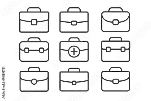 Briefcase thin line icon set. Business portfolio, work bag, office case symbols. Professional diplomat suitcase pictogram. Job, finance, manager concept. Medical bag. Editable stroke.
