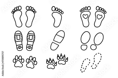 Footprint line icon collection. Human bare foot, shoe prints, and animal paw tracks. Vector symbols of steps for walking, hiking trail, or path. Outline design for web or app.