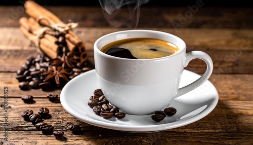 Aromatic Coffee Cup with Beans and Cinnamon Sticks on Wooden Table.
