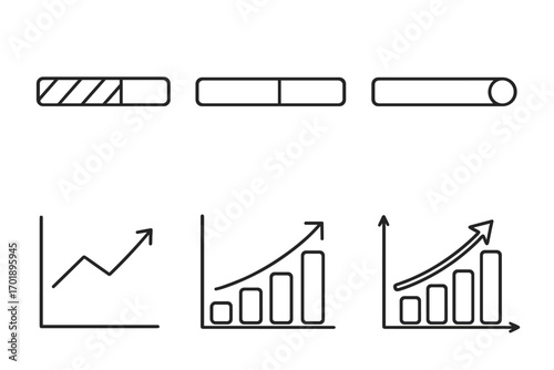 Progress bar and growth diagram line icon collection. Business chart and graph for data analysis. Financial success and development concept. Loading bar and increase arrow.