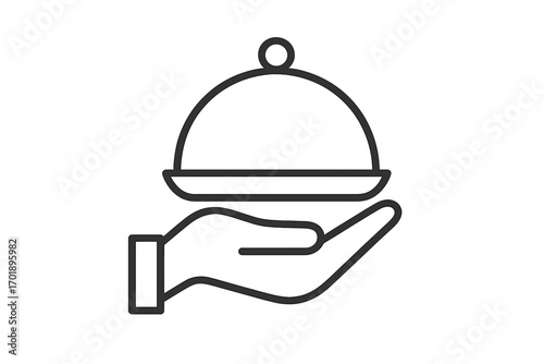 Hand holding food tray cloche. Waiter serving dish. Restaurant menu, catering service, hotel room service. Gourmet dinner concept. Vector line icon for web and apps.