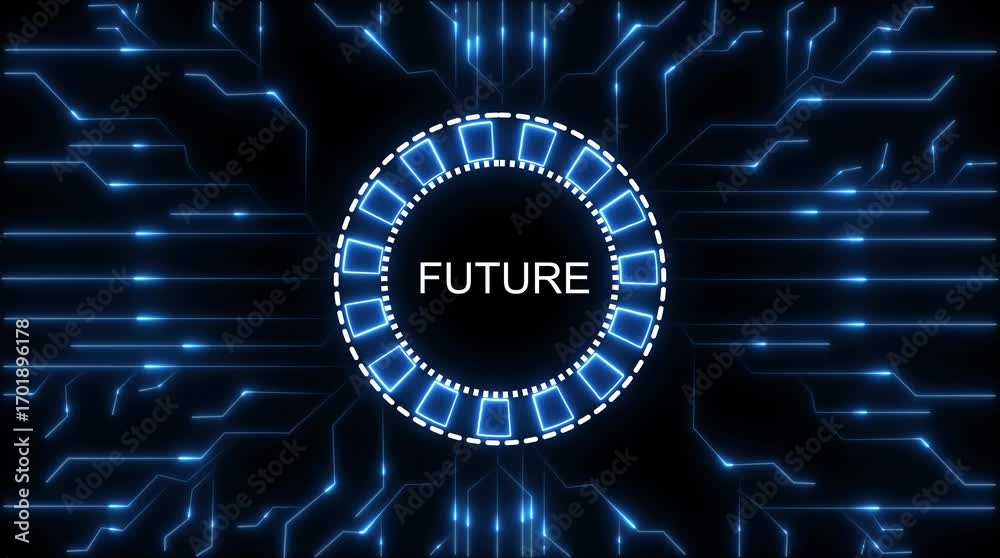 Futuristic digital circuit board glowing blue lines connecting to central futuristic hub with word future abstract technology background