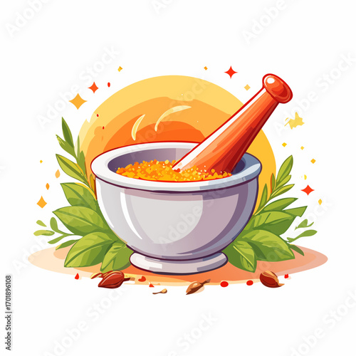Pixel Art Mortar And Pestle With Spices At Sunset