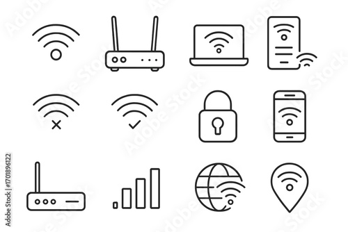 Internet connection and wireless technology line icon collection. Router, wifi signal, security lock, and mobile device outline vector signs for web and graphic design.