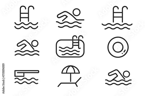 Swimming pool line icon set. Summer vacation water sport and recreation pictograms. Swimmer, ladder, diving board, inflatable ring, and sun lounger vector icons collection.
