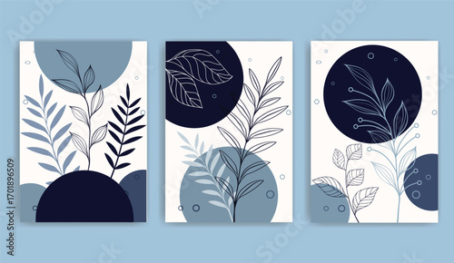 Botanical Wall Art Trio Modern Abstract Prints with Leaves and Geometric Shapes