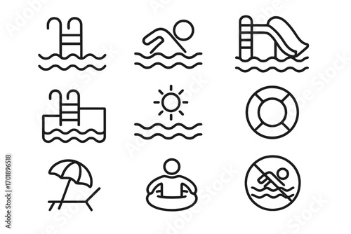 Swimming pool line icon set for summer vacation and water activities. Vector pictograms for web, apps. Includes slide, swimmer, lifebuoy, and no swimming sign symbols.