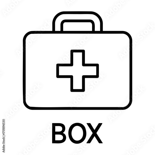 Illustration of a simple first aid kit with a handle and a cross on the front panel box