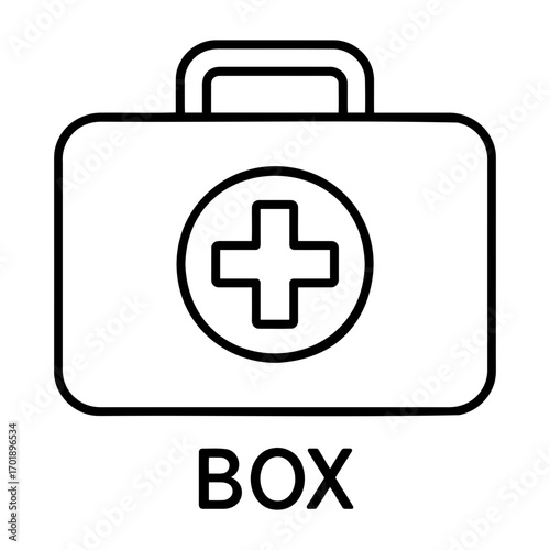 Illustration of a first aid kit with a handle and a cross in a circle on the box face