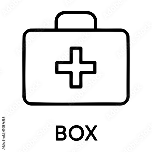 Outline drawing of a first aid kit with a handle and a plus sign in the center