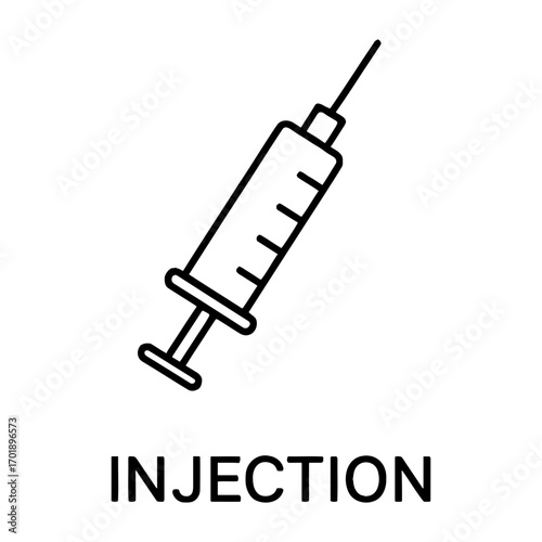 Illustration of a medical syringe with a needle and plunger on a white background line art