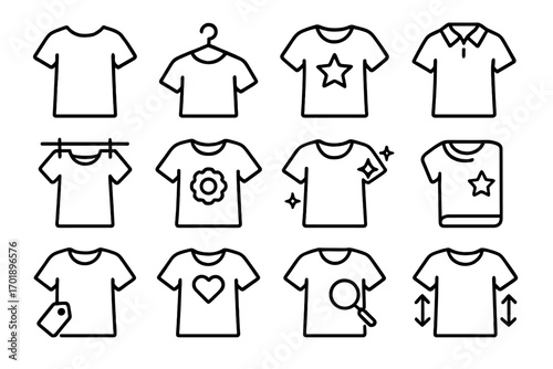 T-shirt and apparel line icon set. Vector clothing symbols for laundry, shopping, and fashion design. Includes polo, hanger, price tag, and clean folded shirt. Editable stroke.