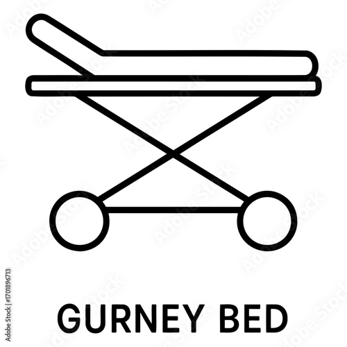 A simplistic line drawing of a gurney with wheels and a headrest in black and white