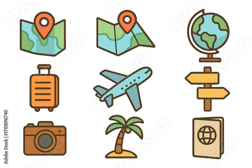 Vector travel and vacation icon set for tourism and journey concepts. Collection of flat cartoon symbols including airplane, map, passport, globe, camera and luggage for apps.