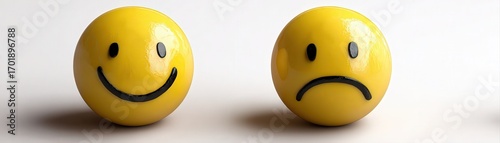 Two yellow smiley faces, one with a happy expression and the other with a sad one, showcase contrasting emotions, This image can be used in discussions about feelings, mental health, or communication