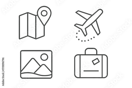 Simple travel line icon set vector. Journey, flight, destination, and vacation concepts. Map with pin, airplane, suitcase, and photo icons for web and mobile applications.