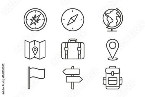 Travel and adventure line icon set. Journey, navigation and exploration outline symbols. Vector pack with compass, globe, map, suitcase, backpack, location pin icons for web.