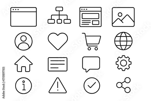 Web page & app interface line icon set. UI UX outline graphic signs for website design. Vector symbols: home, user, cart, share, settings, heart, info, globe pictograms.
