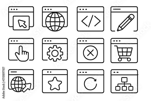 Web page line icon set. Browser, internet, and website interface symbols. Outline vector collection for web design, apps, and UI/UX. Includes code, cart, and settings icons.