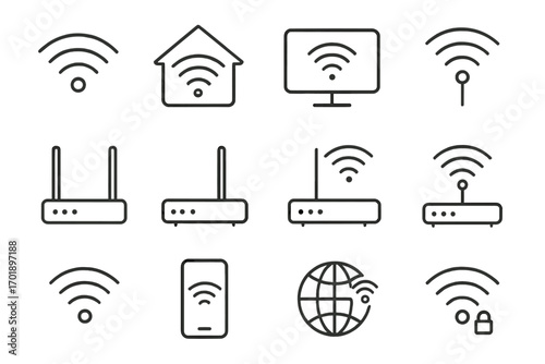 WiFi and router line icon set. Wireless internet connection signs for web design. Vector outline icons for network, modem, smart home, mobile signal and technology.