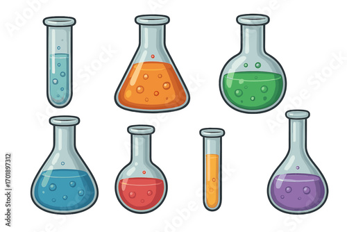 Chemistry laboratory glassware set with colorful liquids. Science research and experiment concept. Vector cartoon illustration of flasks, test tubes, and beakers isolated.