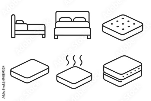Bed and mattress vector icon set. Thin line symbols for bedroom furniture, bedding, and sleep. Icons for single bed, double bed, orthopedic, memory foam, and heated mattress.
