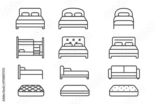 Bed and mattress line icon collection. Editable stroke vector illustration set for web, apps. Includes various beds, bunk bed, sofa, and orthopedic mattress symbols.