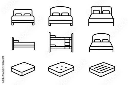 Bed and mattress simple line icon collection. Furniture for bedroom and sleep. Set of pictograms includes single, double and bunk bed. Vector illustration with editable stroke.