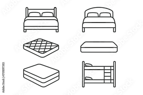 Bed mattress icon set. Line art symbols. Bedroom furniture concept. Sleep comfort. Double bed, bunk bed pictogram. Editable stroke vector. Hotel, hostel, home interior design.