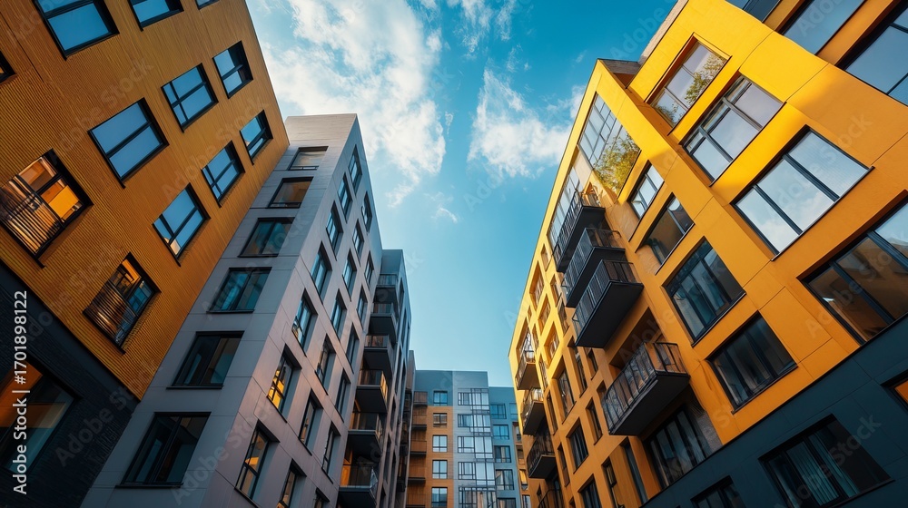 Fototapeta premium Low-angle view of modern apartment buildings, sunlit, vibrant yellow and gray facades, balconies, and windows against a bright sky