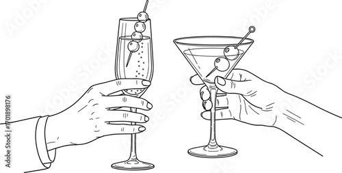 Two hands toasting with cocktail glasses, cherries garnish, celebration sketch, vintage drink moment, cad drawing flat vector illustration