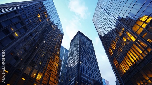 Wallpaper Mural Low-angle view of modern skyscrapers, illuminated at dusk Torontodigital.ca
