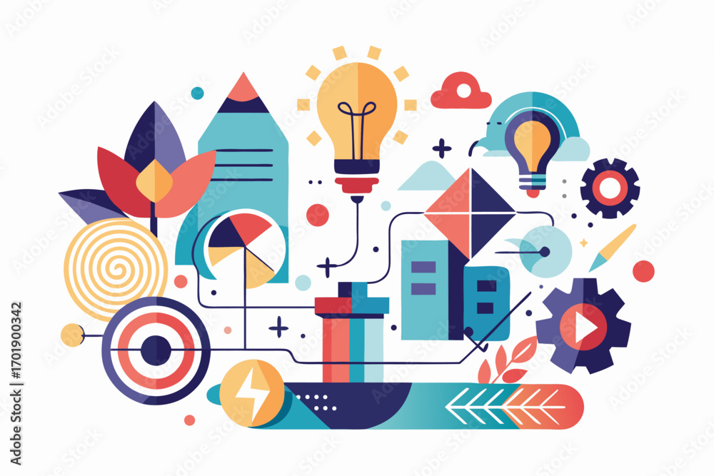 Obraz premium Minimalist vector illustration of two hands sketching a glowing light bulb with a pen, symbolizing creativity, brainstorming, innovation, imagination, and idea generation. Perfect for business present