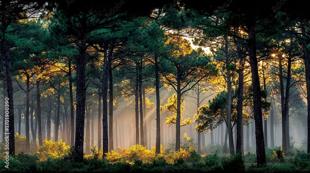 Obraz premium Golden Hour Sunbeams Piercing Dense Forest, Dappled Shadows on Pine Needle Floor