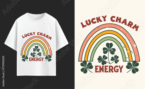 St Patricks Day T Shirt Design with Rainbow and Shamrock Lucky Charm Energy