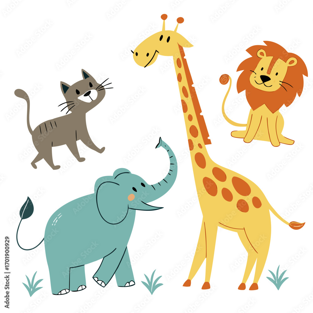 Obraz premium Cute cartoon safari animals including a giraffe elephant lion and cat in a playful composition