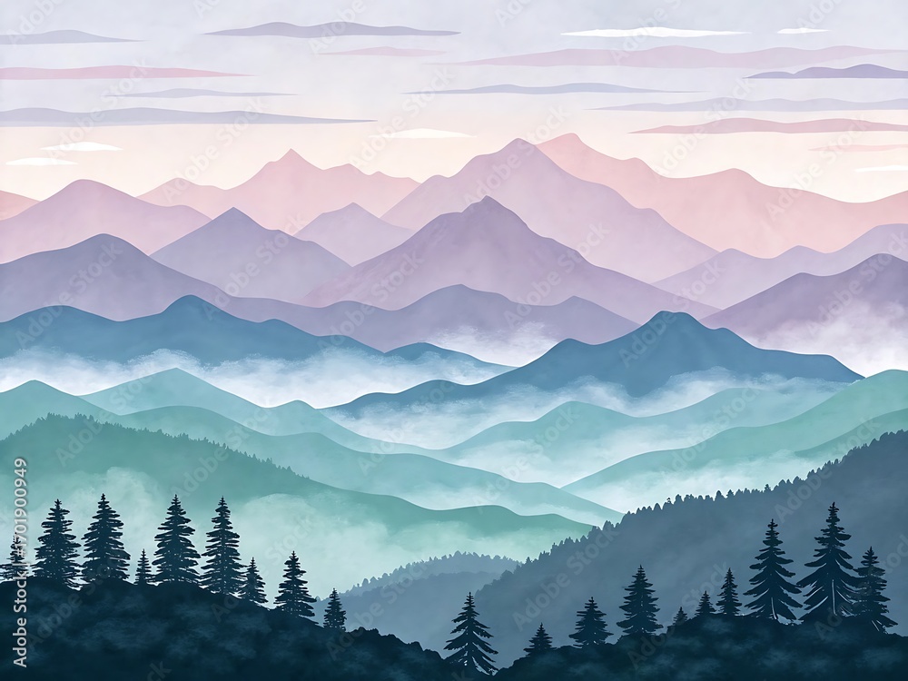 Fototapeta premium layered watercolor mountainscape in pastel tones