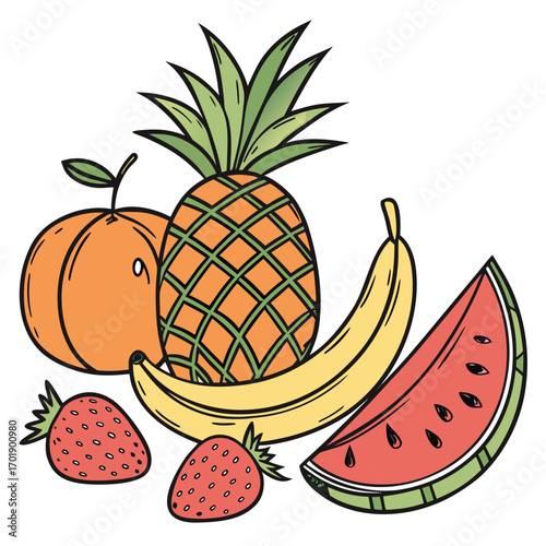 Colorful hand drawn tropical fruit assortment featuring pineapple banana orange strawberries and watermelon slice