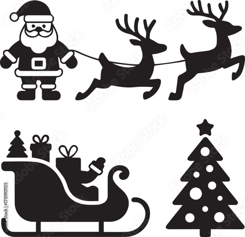 Christmas silhouette pack santa claus reindeer sleigh with gifts and decorated tree