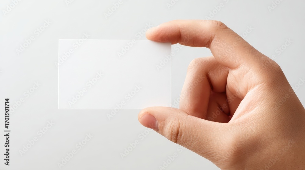 Obraz premium Hand Holding Blank White Card Mockup for Design Presentation on a Plain Background