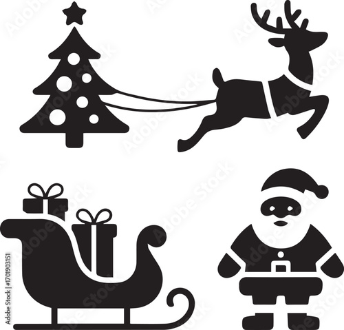 Christmas icons santa claus reindeer sleigh and decorated tree festive holiday design elements