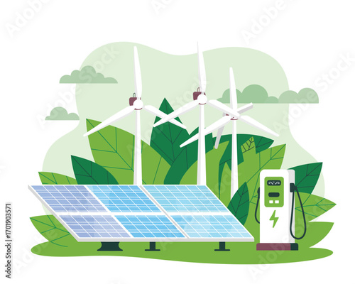 Green energy concept with solar panels wind turbines and electric car charger